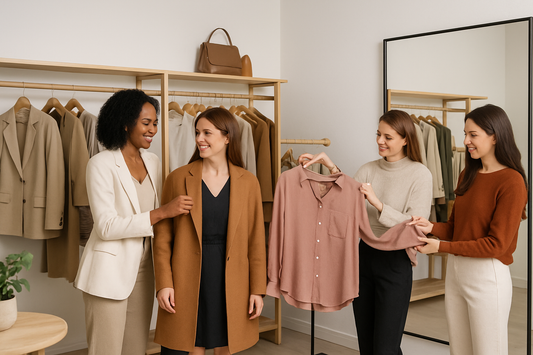 A clean boutique with fashion stylists assissting customers with wardrobe styles