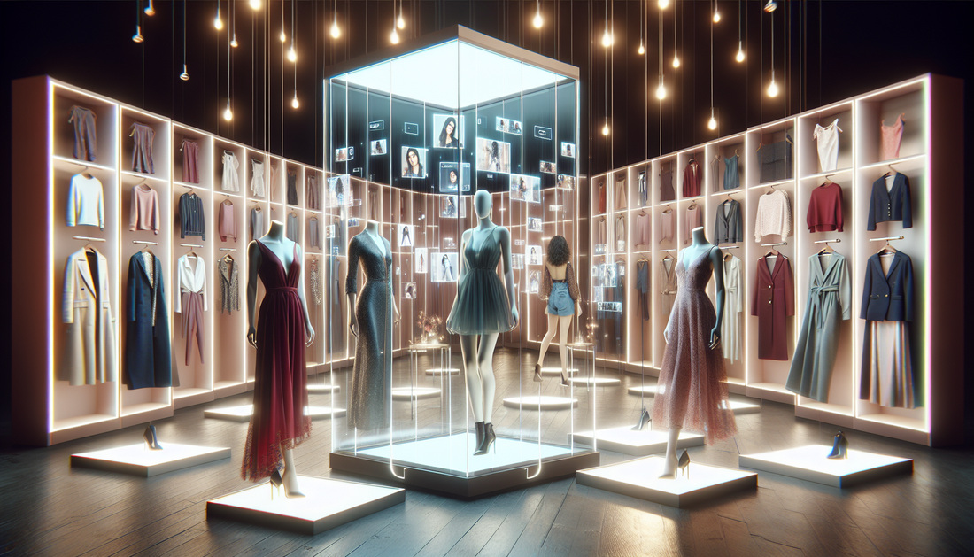 a woman shopping in a virtual fitting room, almost cartoon style image