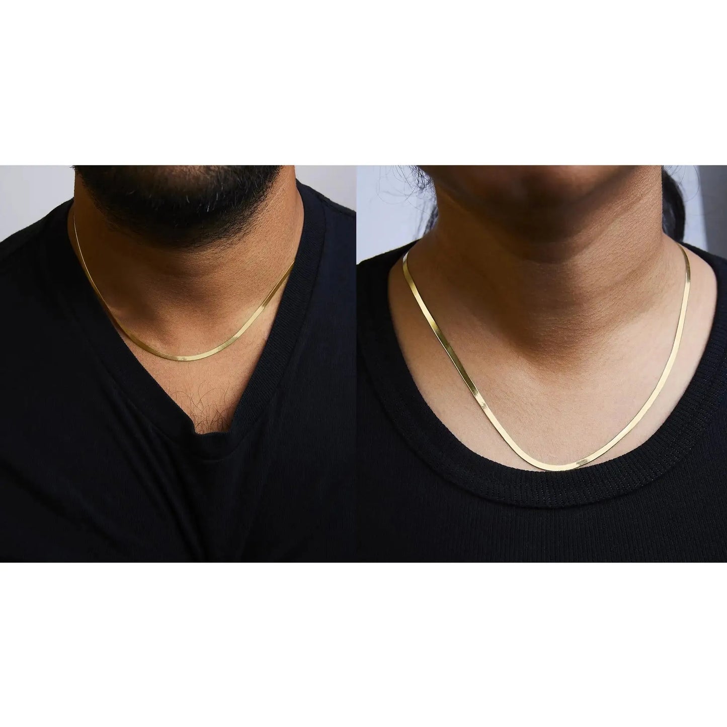 14k gold herringbone chain necklace worn by two models with black shirts showcasing its sleek design