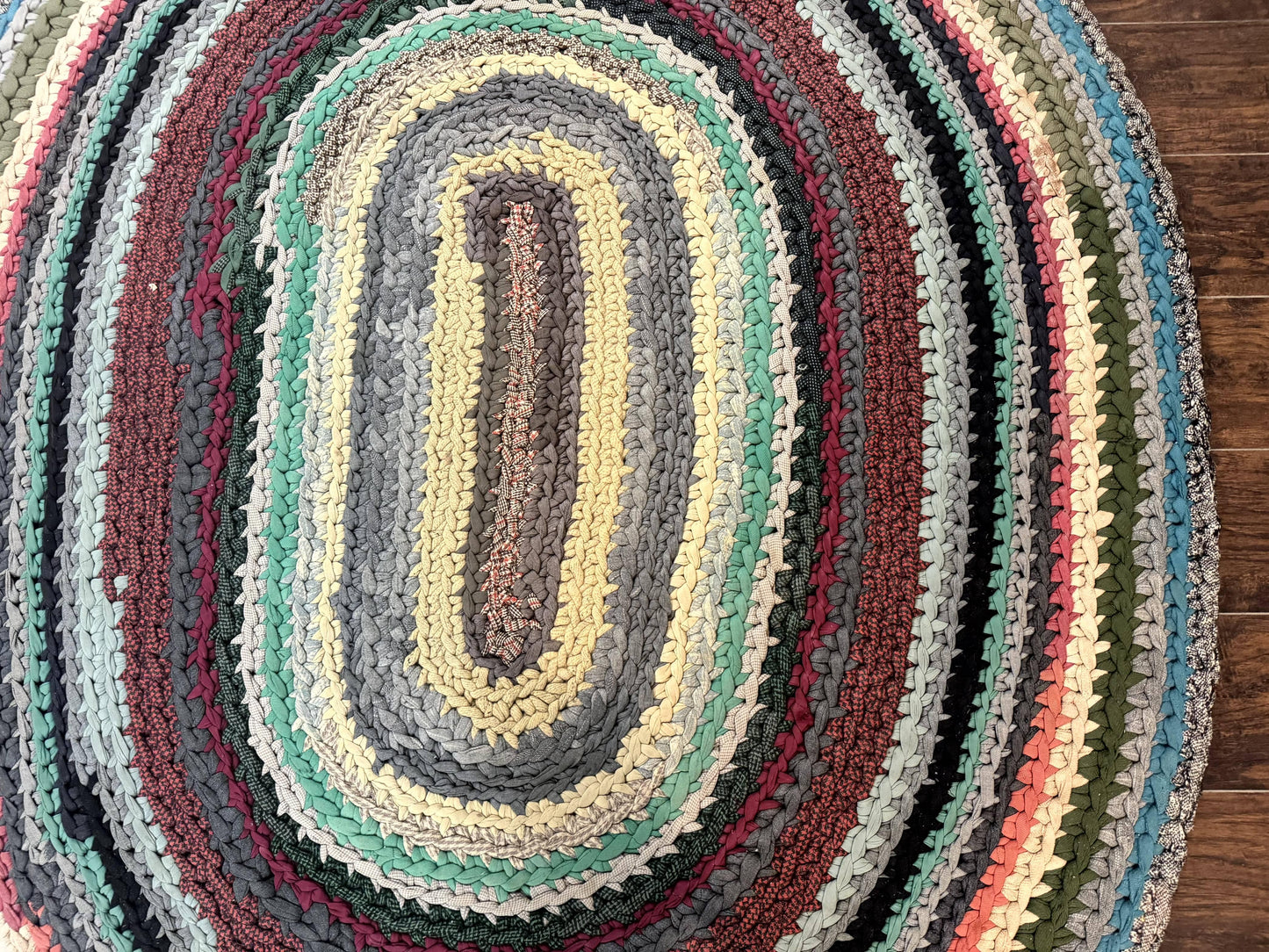 Antique American Braided Rug 5x7, Oval Multicolor Handmade Wool Braided Carpet