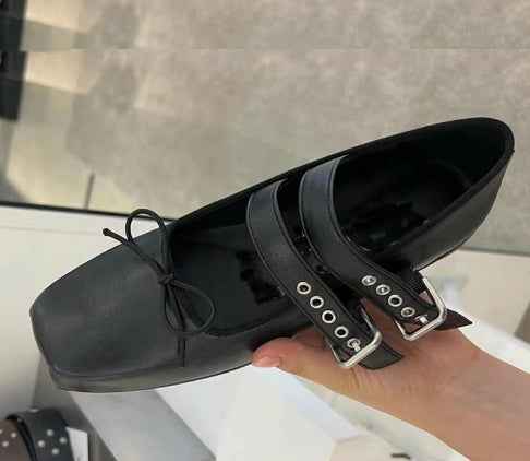 Women's Genuine Leather Silver Mary Jane Shoes Square Toe Vintage Flat Shoes