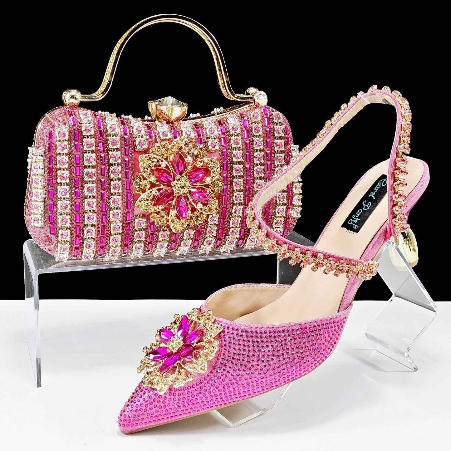 Sexy Women's Shoes And Bags Suit Drill Buckle Flower Decorative Ankle Drill Chain With Hard Clutch