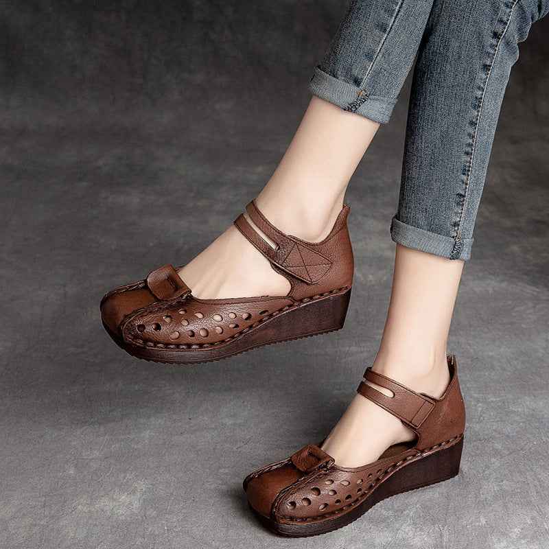 Slope Heel Comfortable Top Layer Cowhide Women's Shoes With Hollowed Out Toe Caps