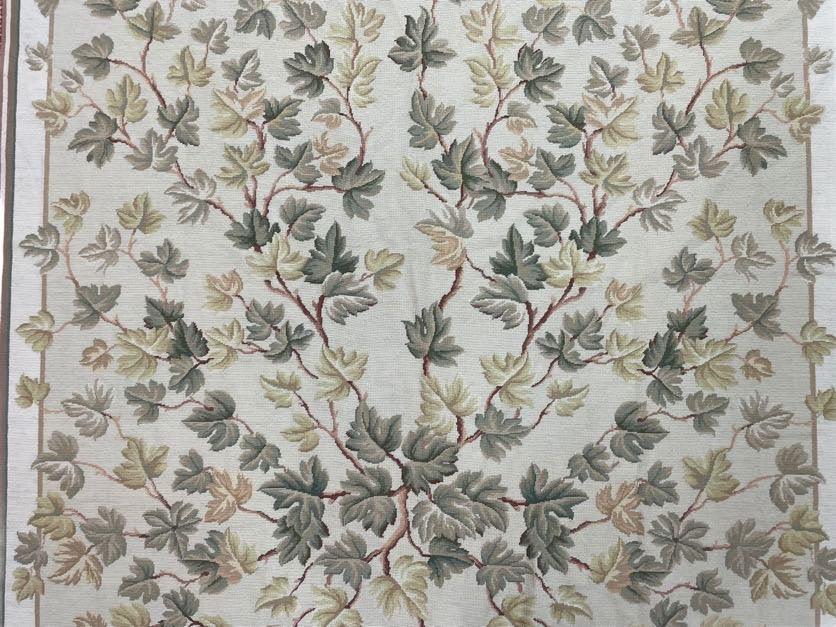 Traditional Aubusson Needlepoint Rug 9 x 12, Flowers, Flatweave Carpet, Hand-Knotted, Brand New, Cream Color, Green, Maroon Red, Wool