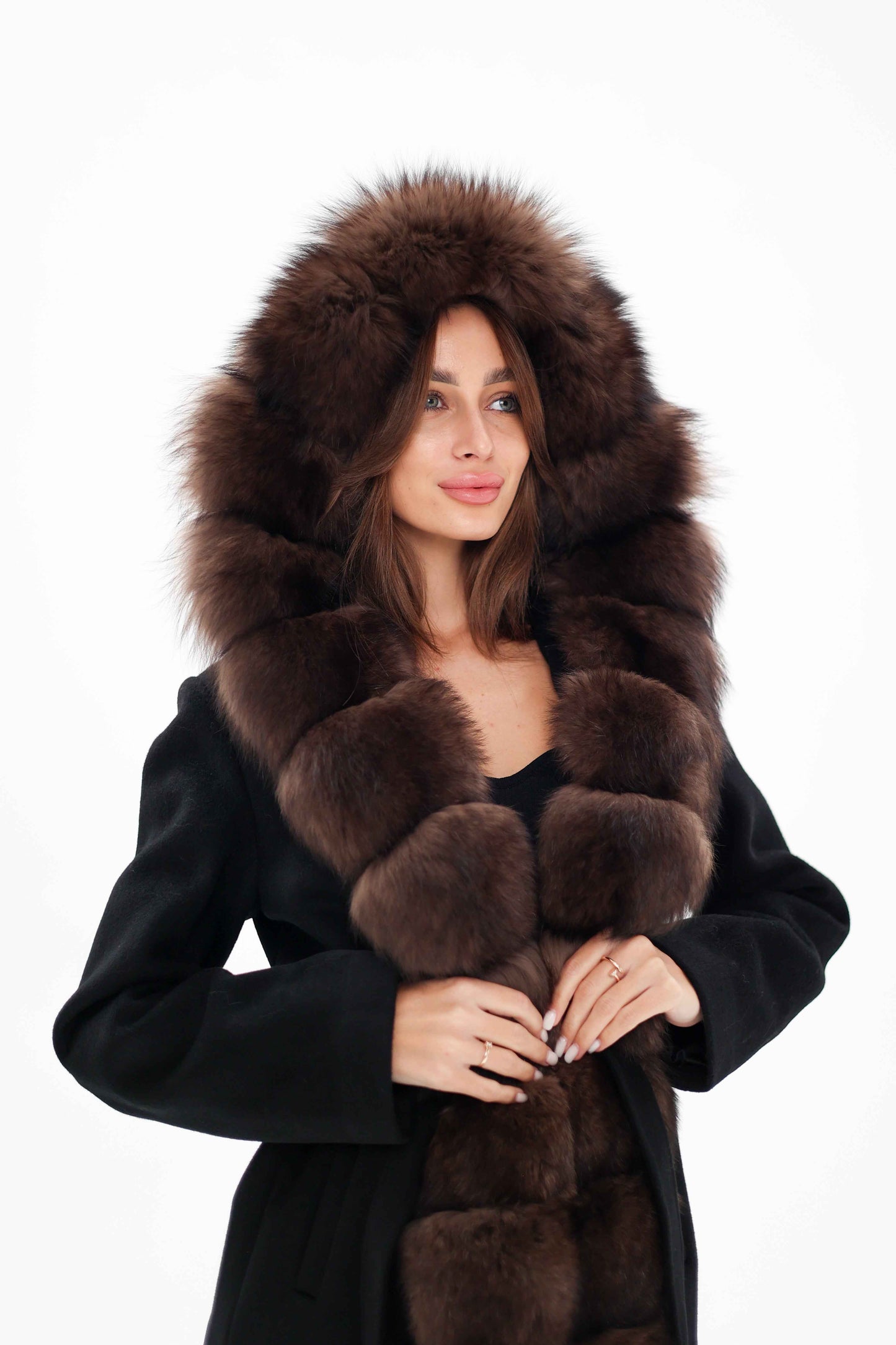 Genuine Polar Fox Fur Hooded Virgin Wool Coat