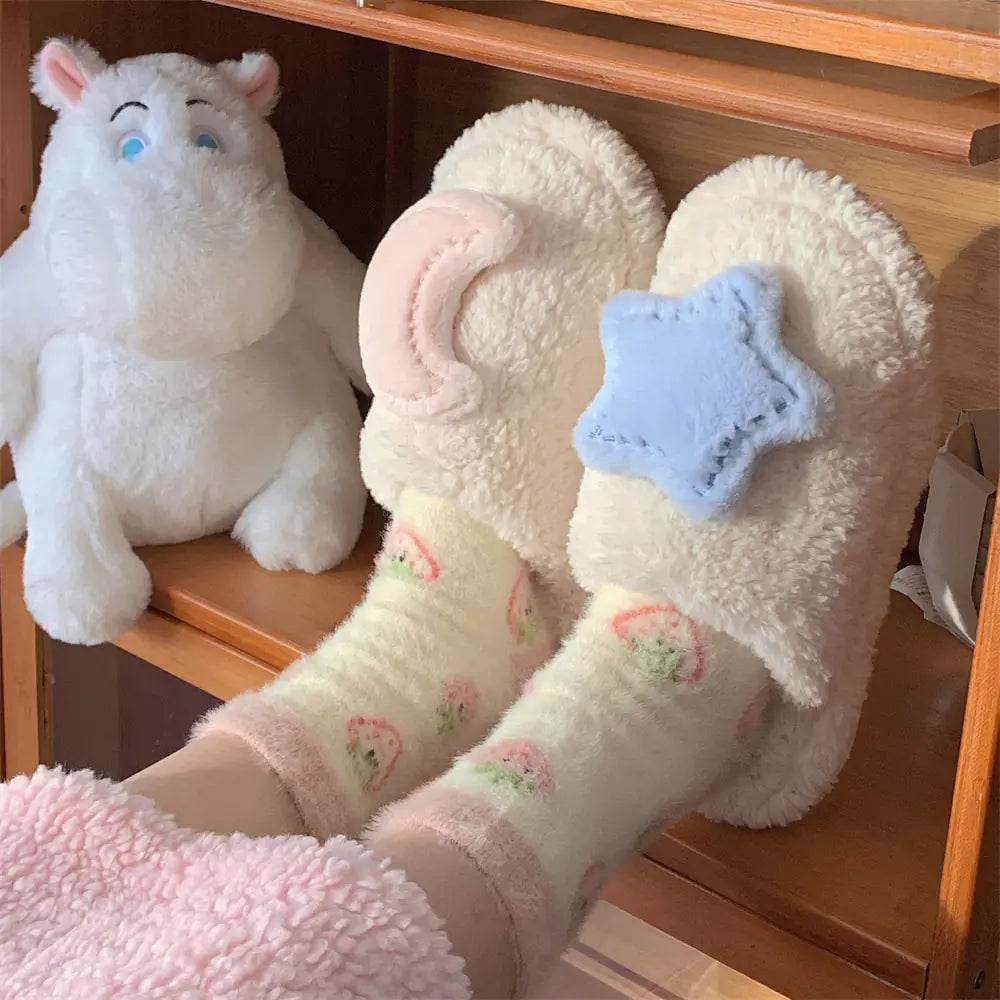 Heart Shaped Star Moon Plush Slippers for Women - Solstik