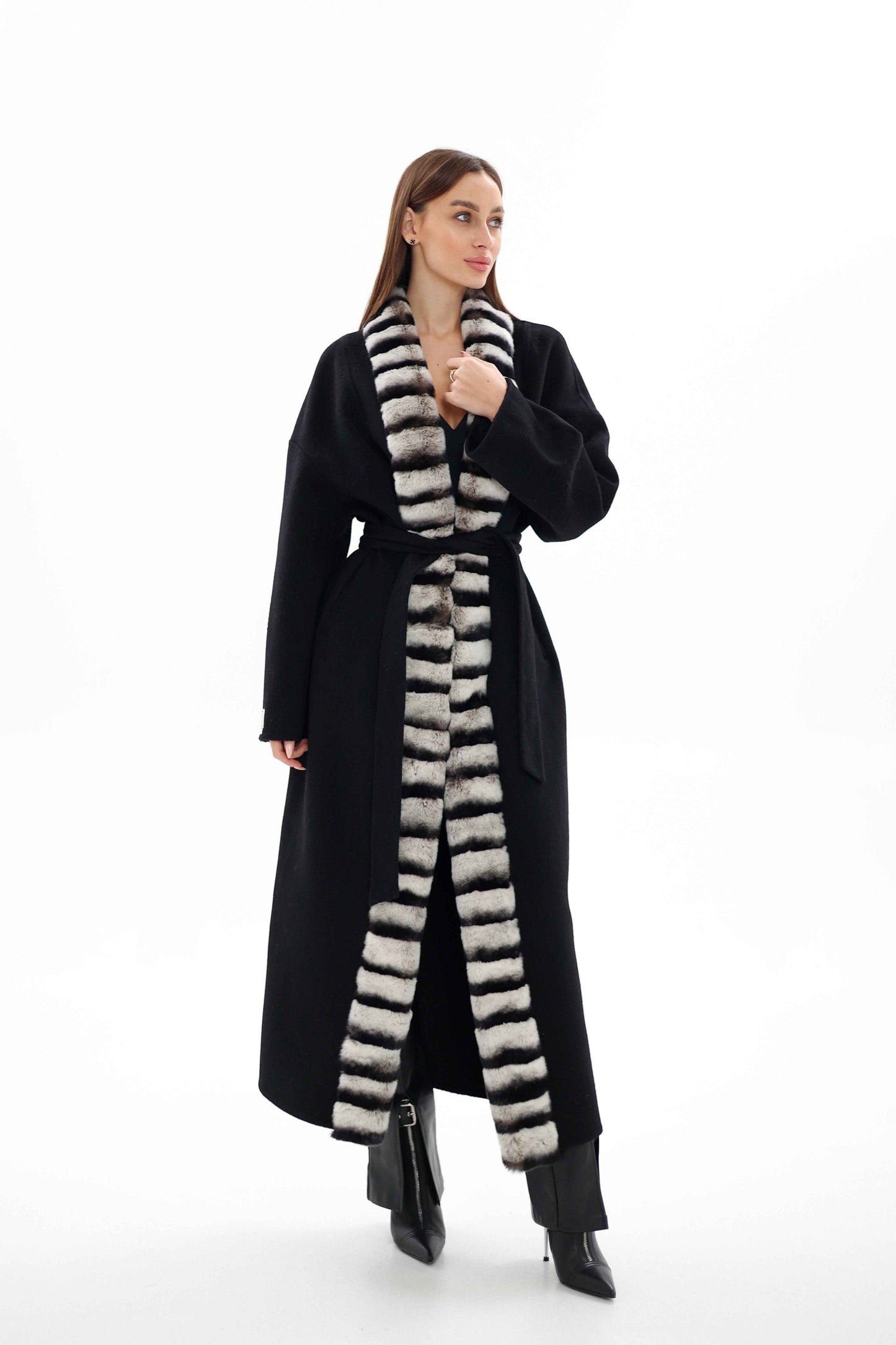 Genuine French Orylag Fur Italian Cashmere Wool Coat 130cm