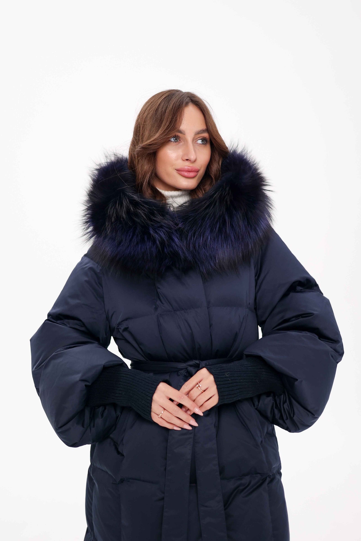 Genuine Fox Fur Trim Down Coat in Royal Blue