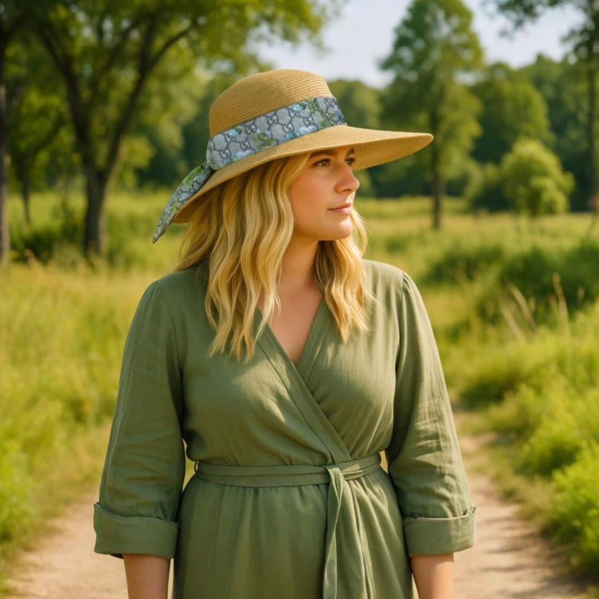 GG Logo Blooms Blue Perfect Straw Sun Hat - Solstik