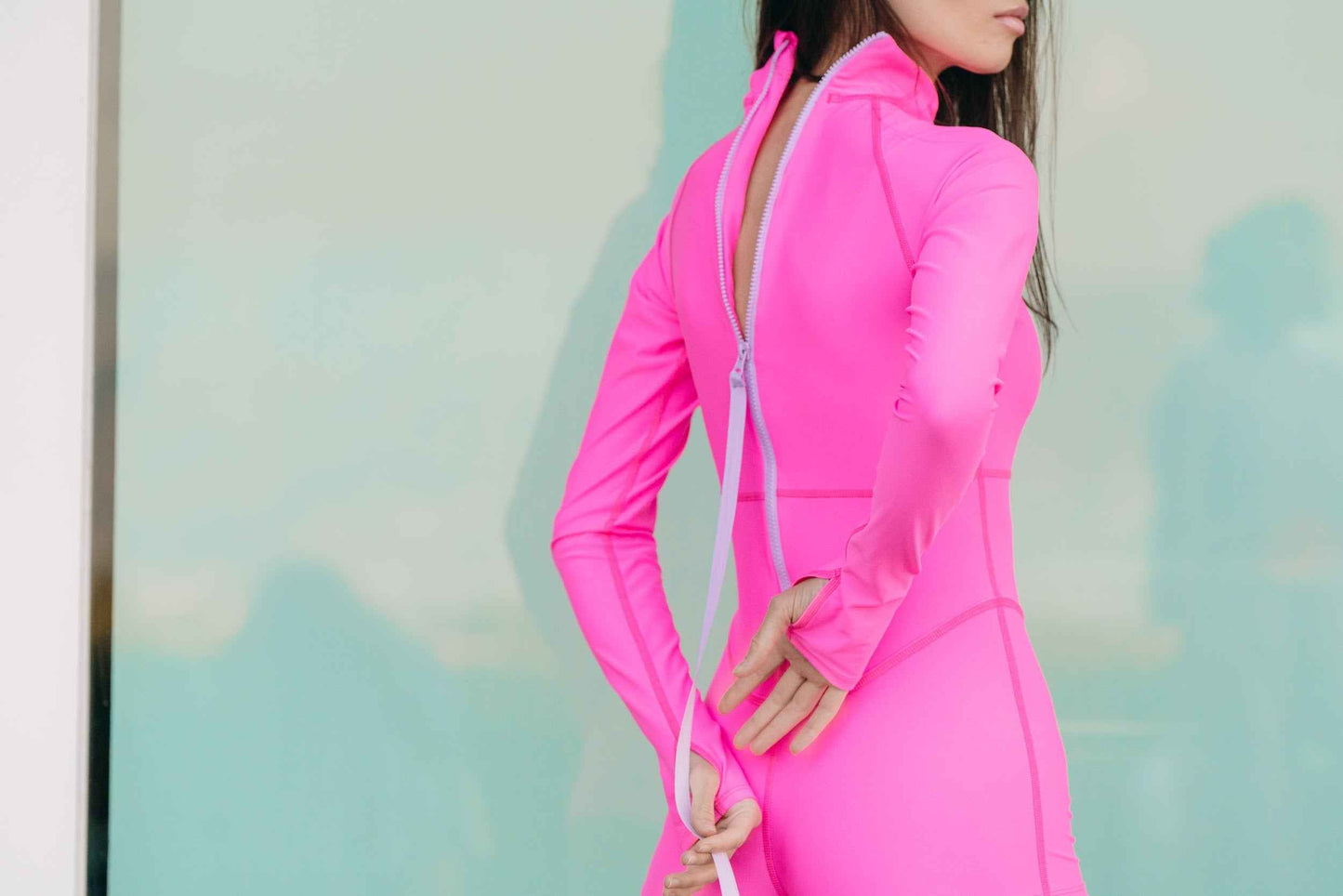 Women's UPF 50+ Sun Protective Long Sleeve "Shorty" Swimsuit - Neon Pink