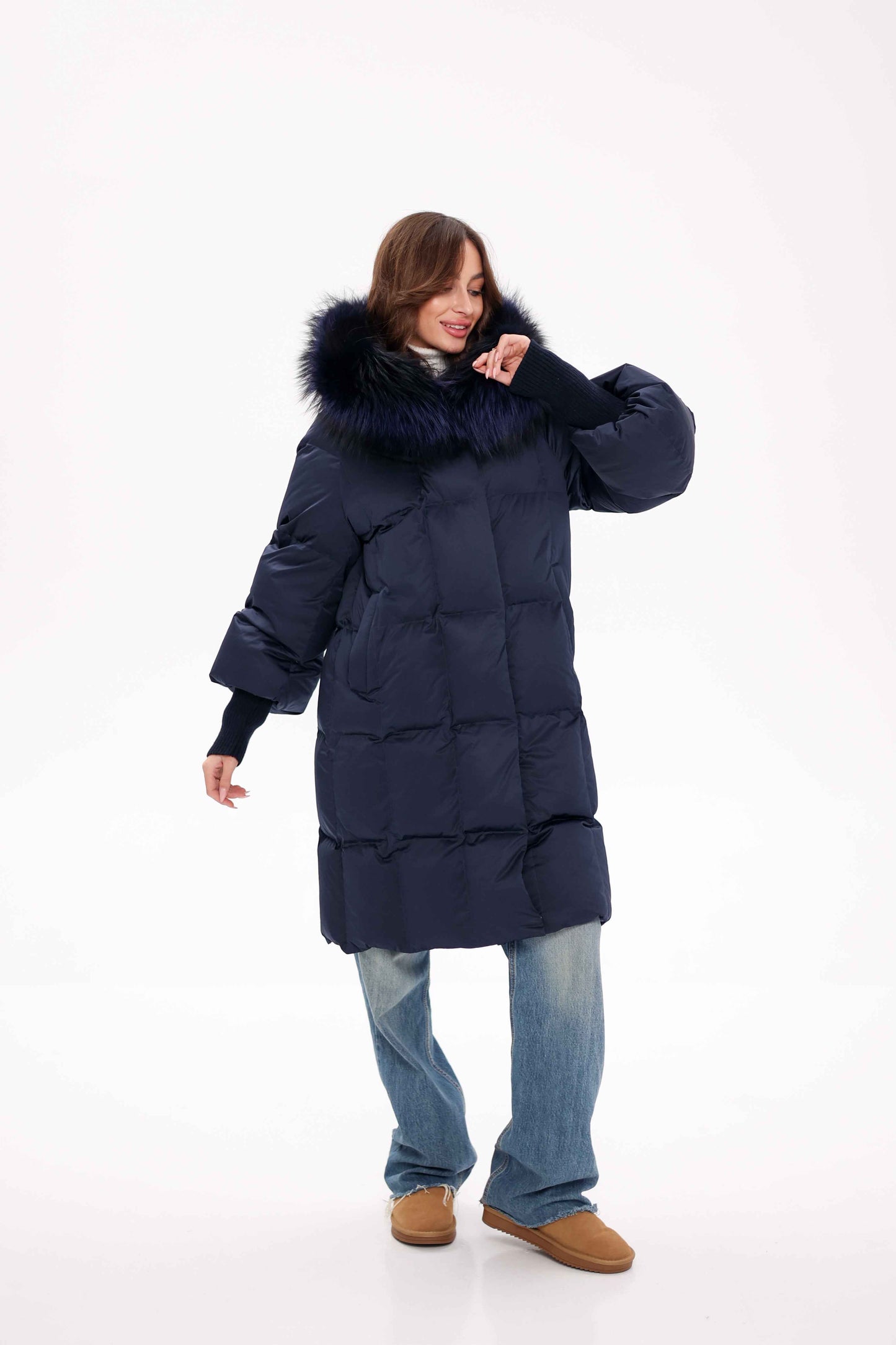 Genuine Fox Fur Trim Down Coat in Royal Blue
