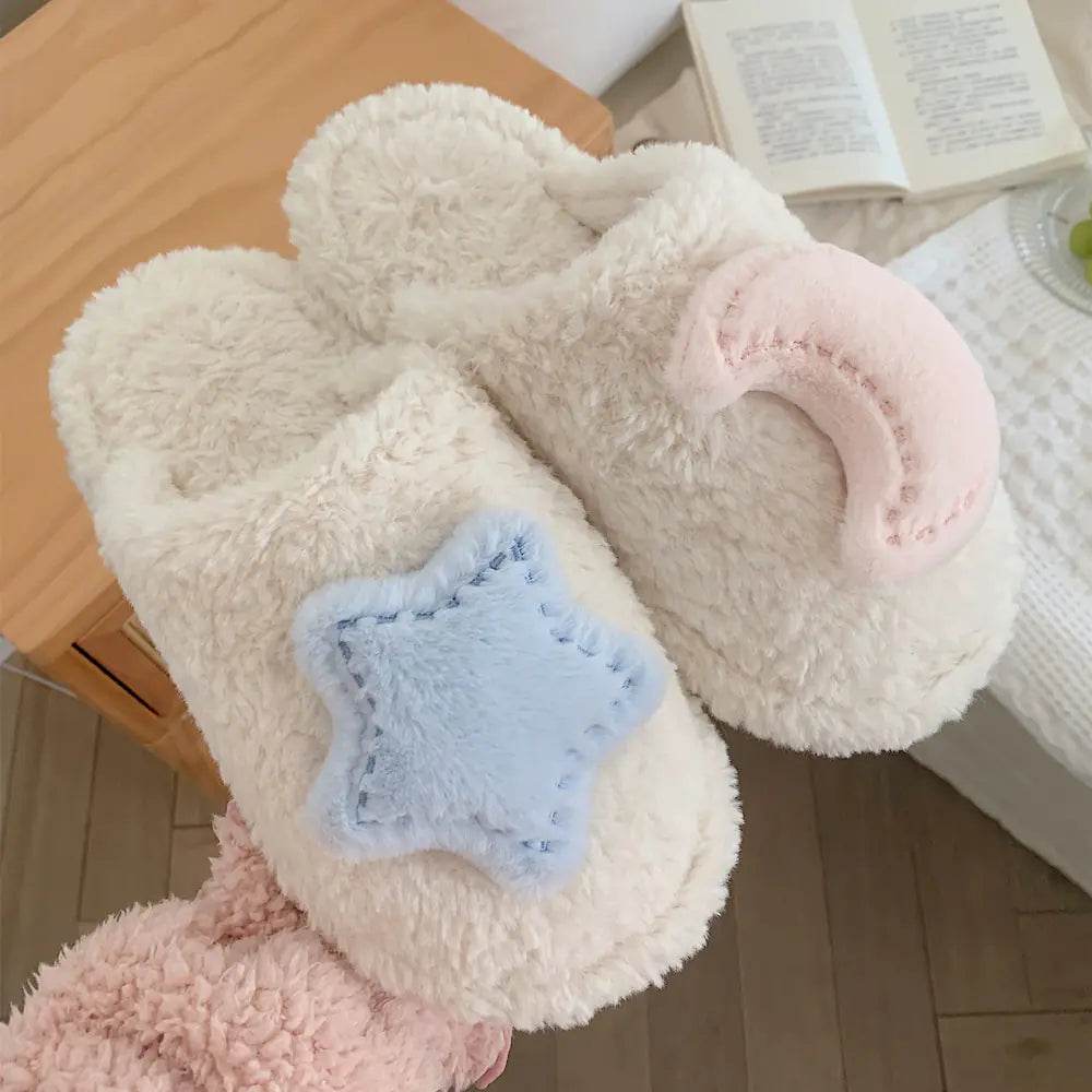 Heart Shaped Star Moon Plush Slippers for Women - Solstik