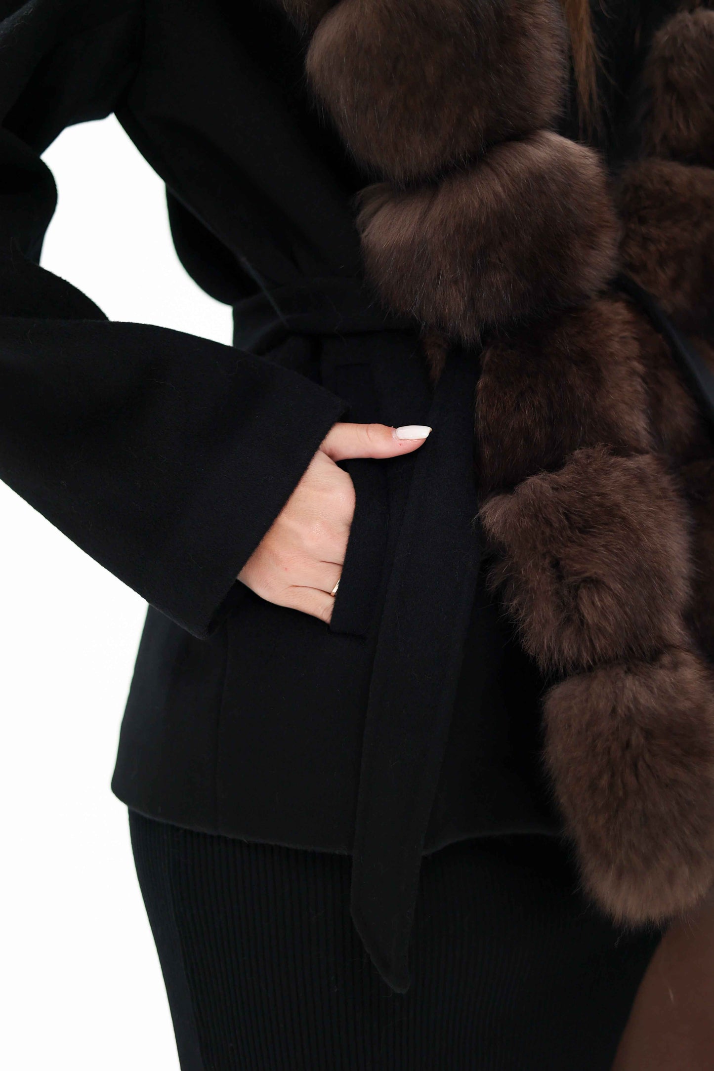 Genuine Polar Fox Fur Hooded Virgin Wool Coat