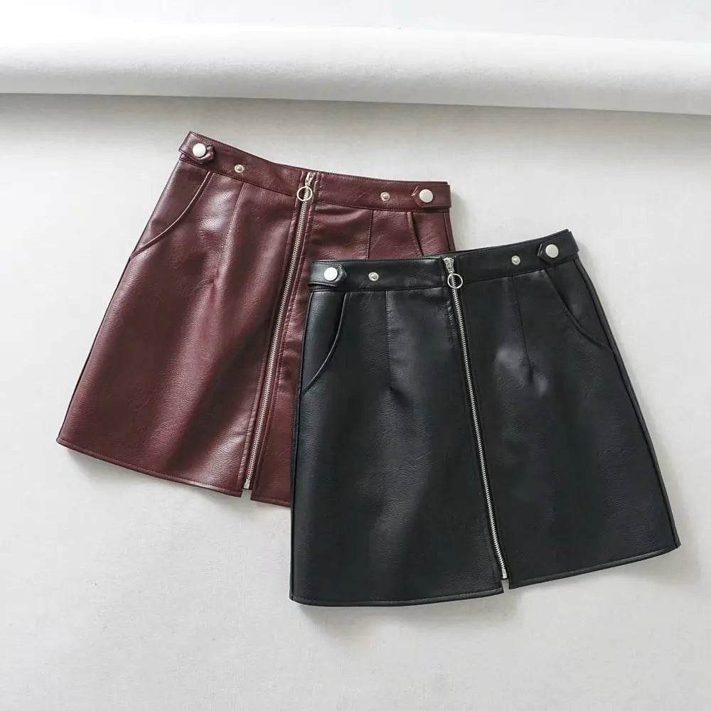 High Waist Slim Zipper A-Line PU Leather Mini Skirt - Solstik