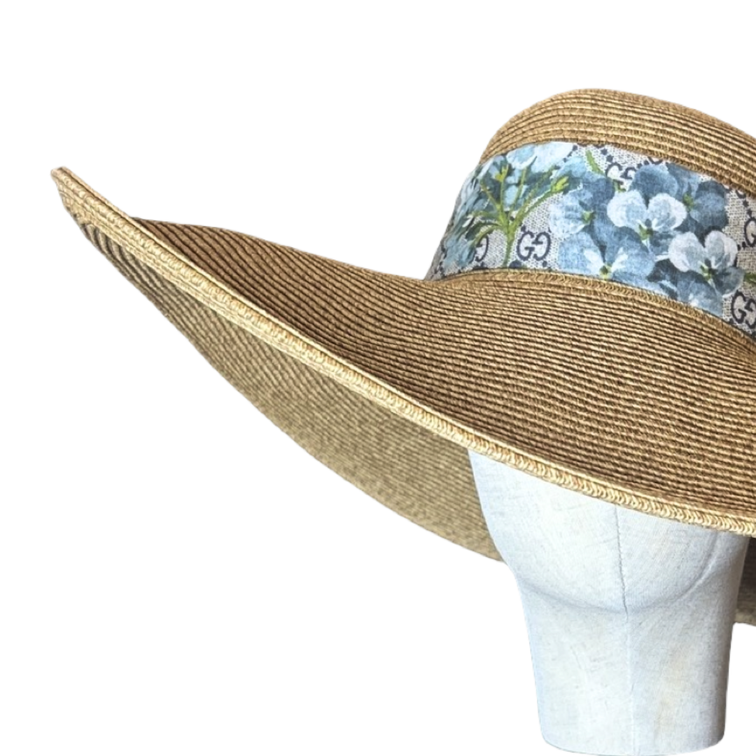 GG Logo Blooms Blue Perfect Straw Sun Hat - Solstik