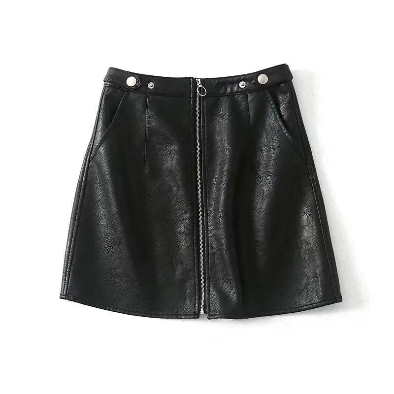 High Waist Slim Zipper A-Line PU Leather Mini Skirt - Solstik