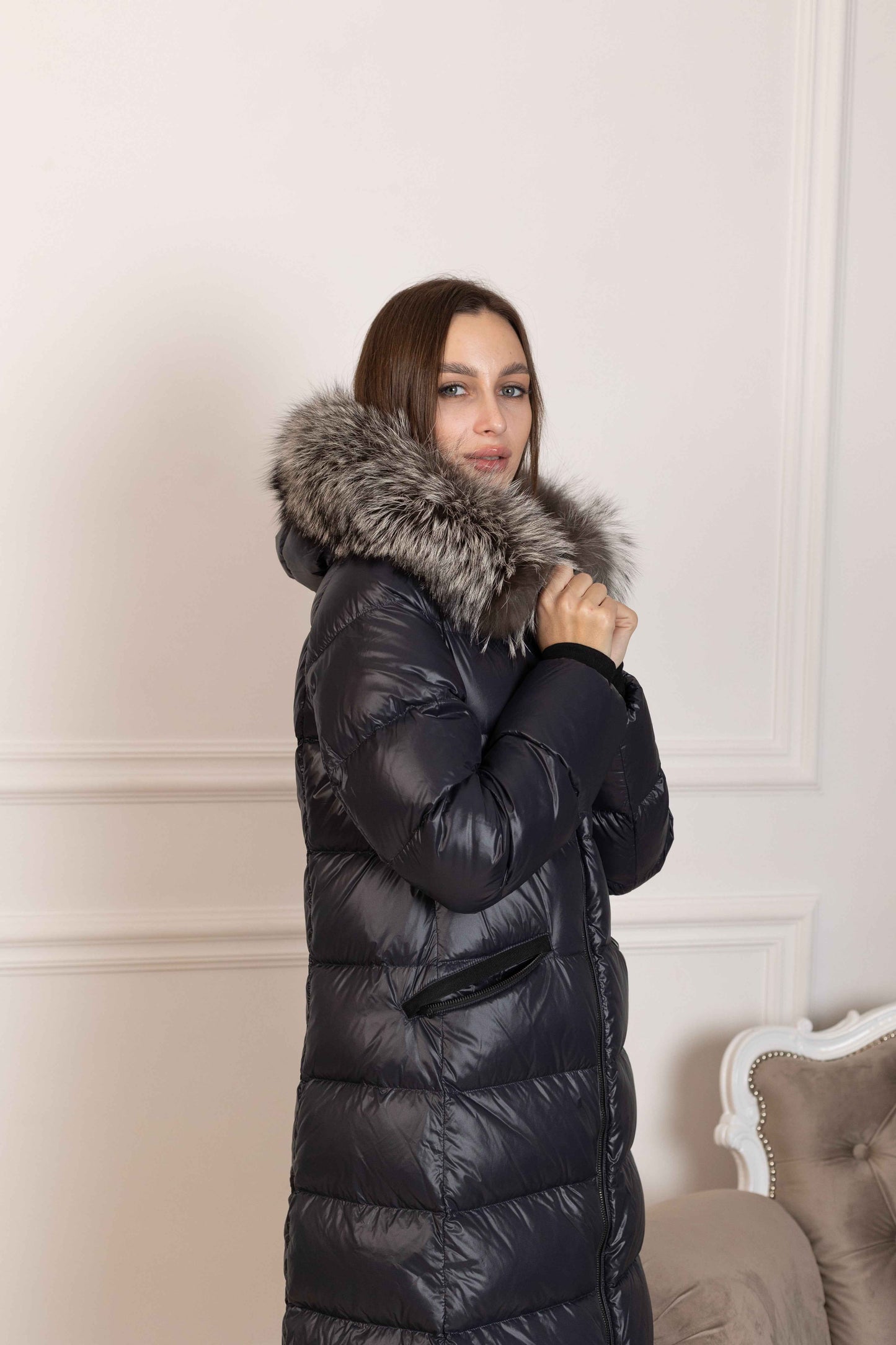 Genuine Silver Fox Fur Trim Down Fill Coat