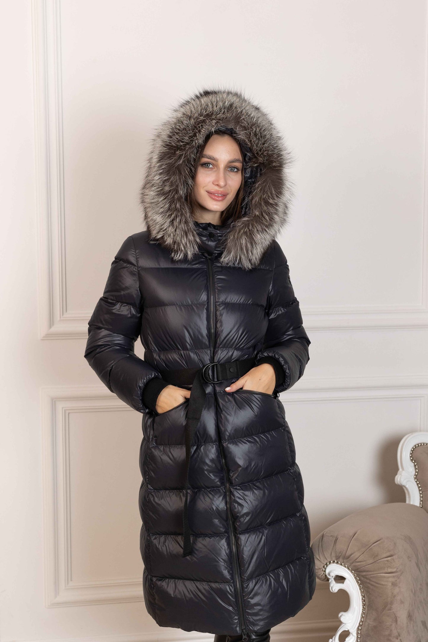 Genuine Silver Fox Fur Trim Down Fill Coat