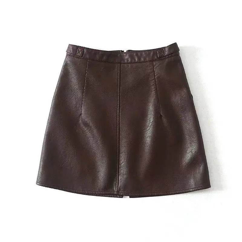 High Waist Slim Zipper A-Line PU Leather Mini Skirt - Solstik