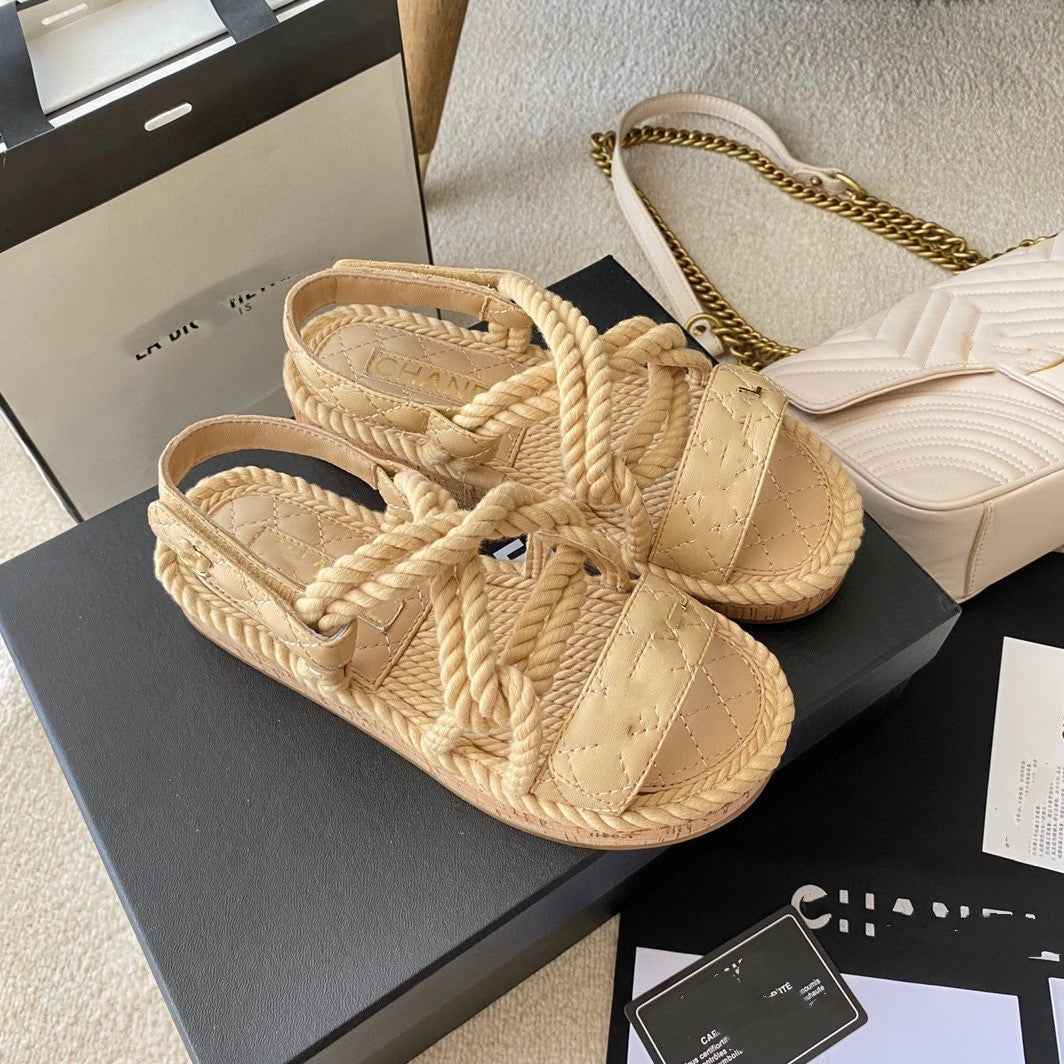 Flat Casual Velcro Hemp Rope Platform Slippers