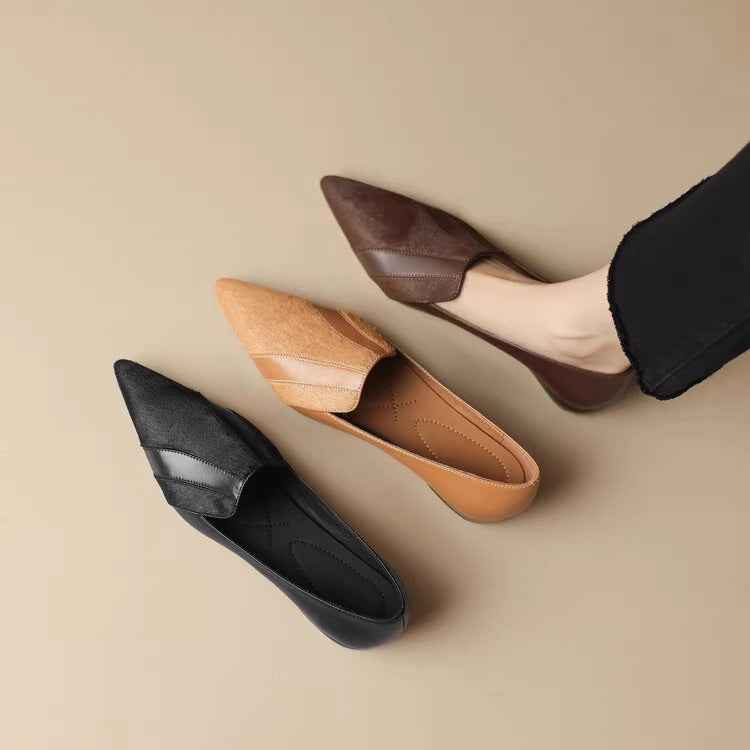 Women's Fashion Simple Soft Leather Stitching Pointed Toe Low-cut Shoes