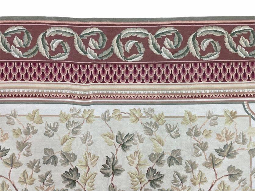 Traditional Aubusson Needlepoint Rug 9 x 12, Flowers, Flatweave Carpet, Hand-Knotted, Brand New, Cream Color, Green, Maroon Red, Wool