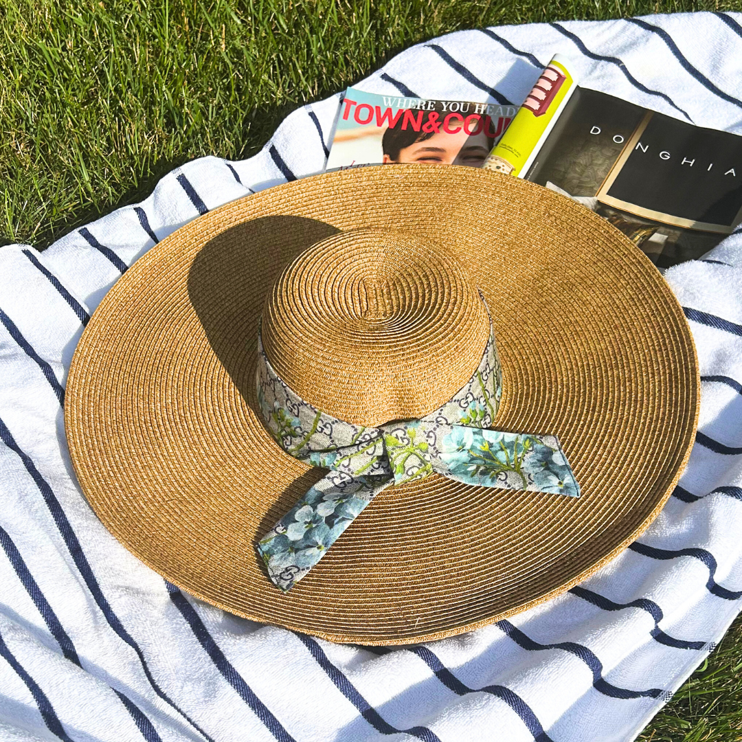 GG Logo Blooms Blue Perfect Straw Sun Hat - Solstik