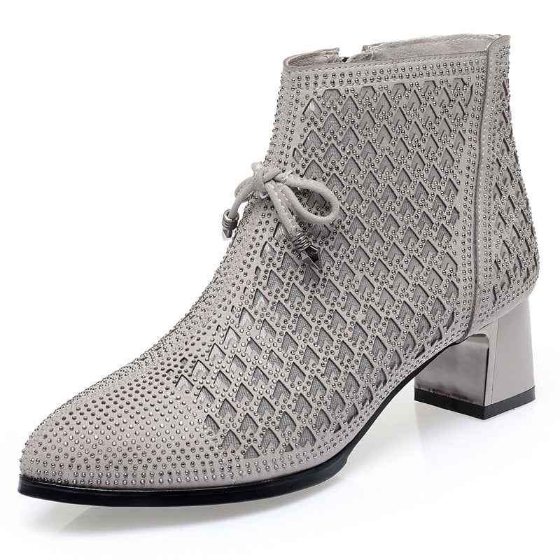 Women's Shoes Chunky Heel Mesh Boots Hollow Rhinestone High Heels