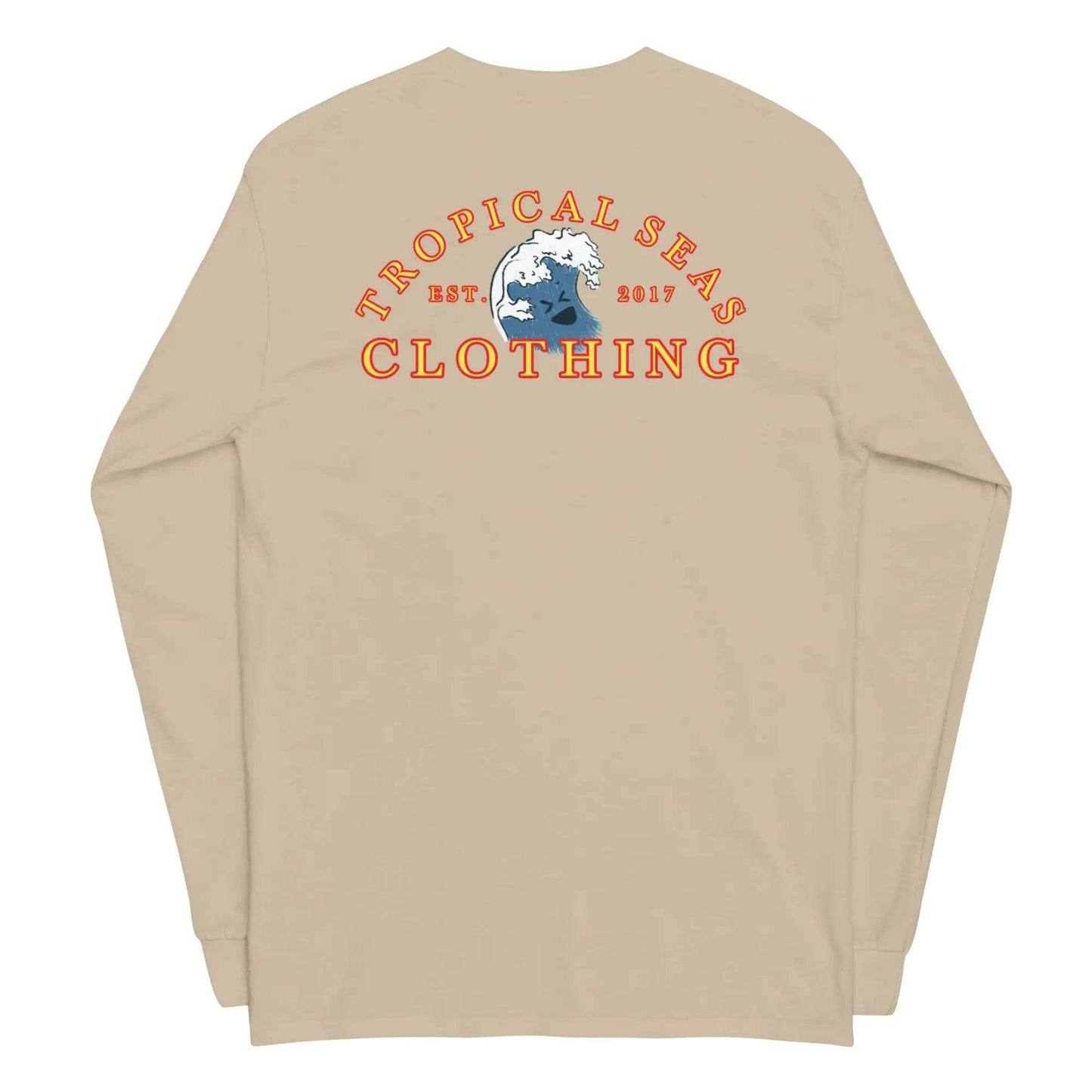 Beige long sleeve designer men's beachwear shirt with tropical seas graphic and orange text