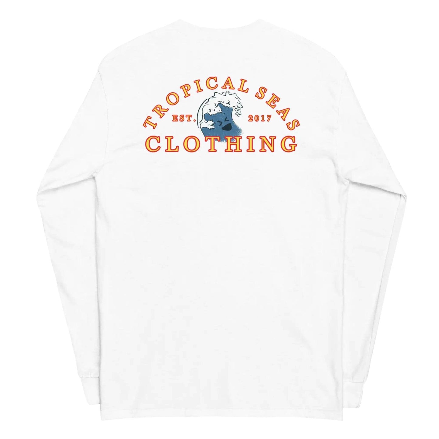 Solstik white designer men's beachwear shirt with Tropical Seas Clothing logo and wave graphic