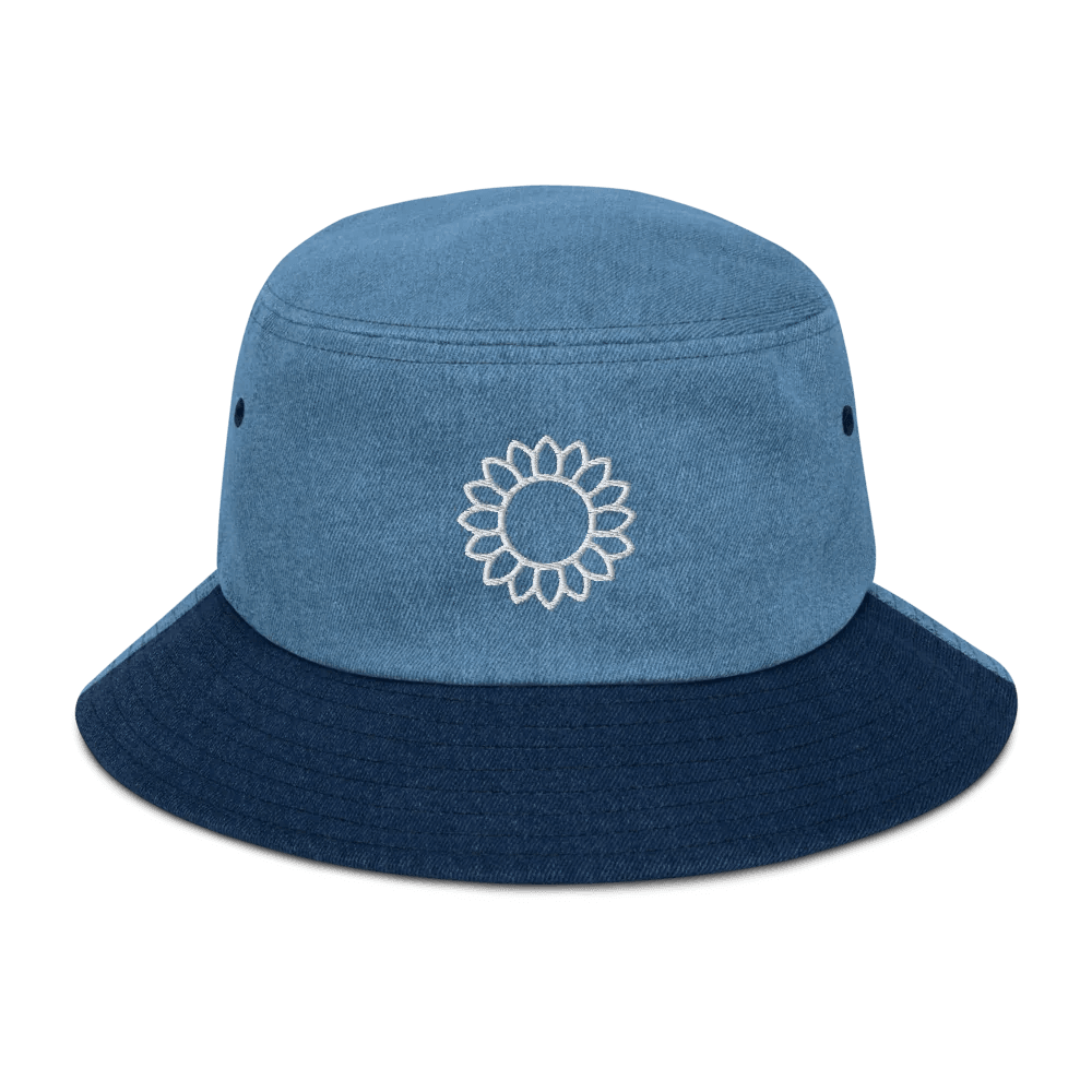 Solstik embroidered denim bucket hat in two-tone blue with white sunflower embroidery