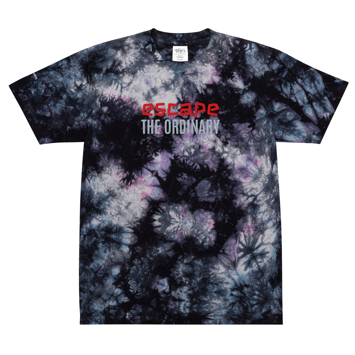 Solstik embroidered oversized tie-dye t-shirt black gray purple swirl pattern with red escape embroidery