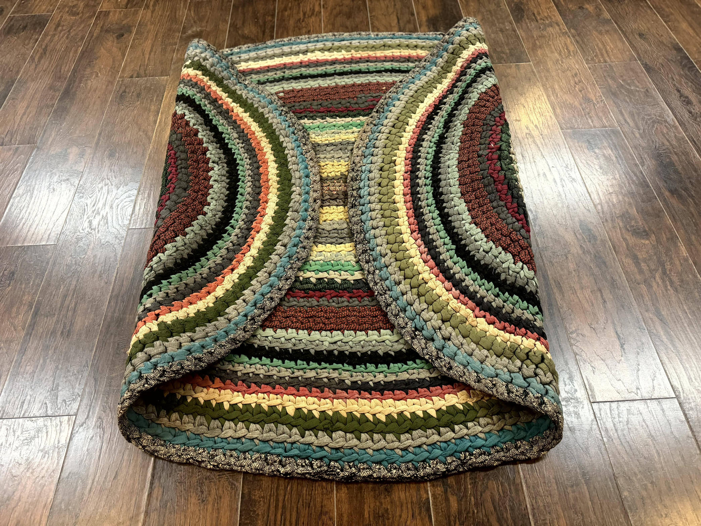Antique American Braided Rug 5x7, Oval Multicolor Handmade Wool Braided Carpet