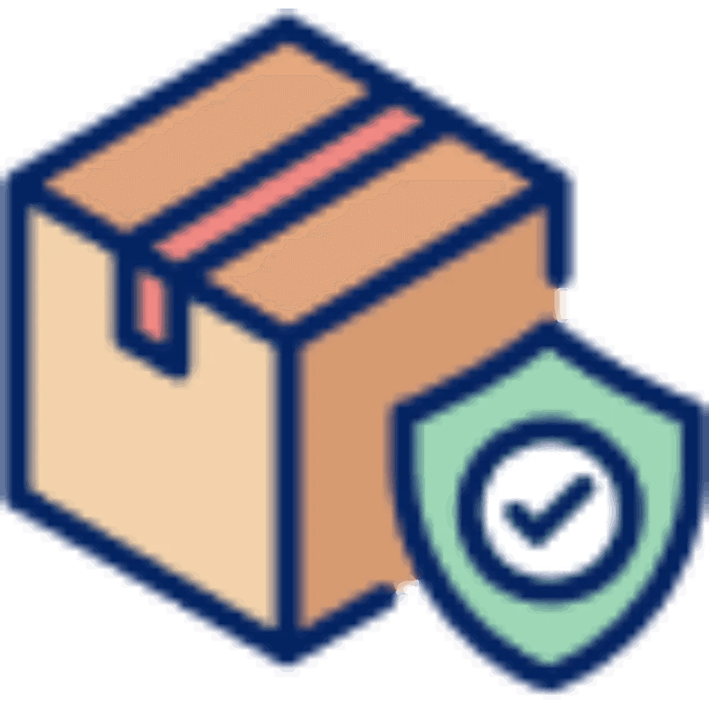 Cardboard box with shield icon representing package protection for online clothing orders by ShineOn Fulfillment