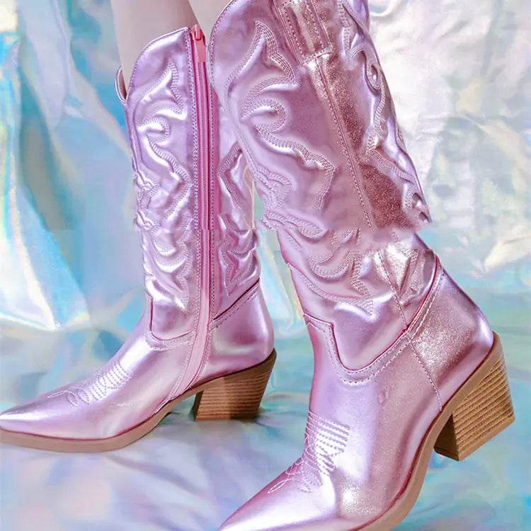 Vintage Women's Chunky Heel High Cowboy Boots - Solstik