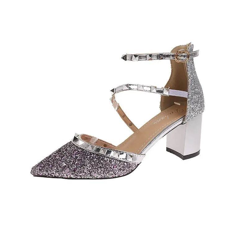 Sequined Block Heel Rivet Dance Shoes - Solstik
