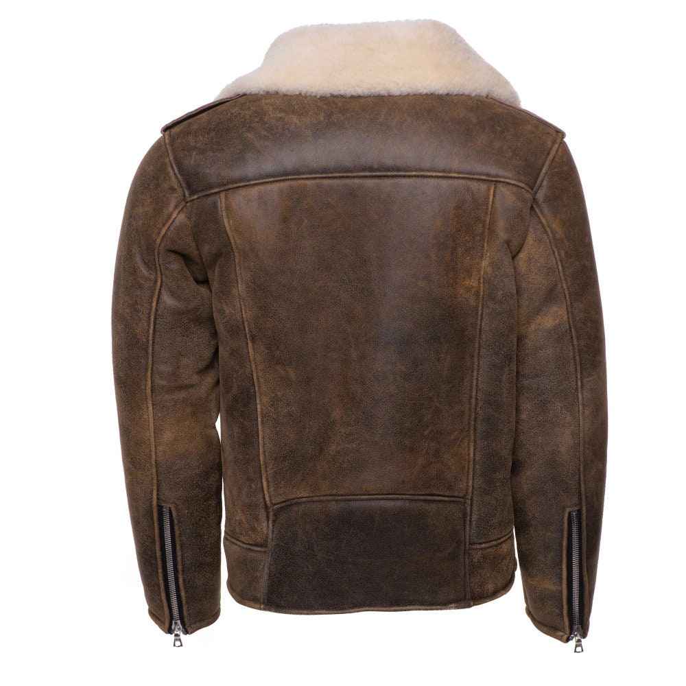Handmade Carter Distressed Biker Bomber Shearling Jacket With Notch Lapels