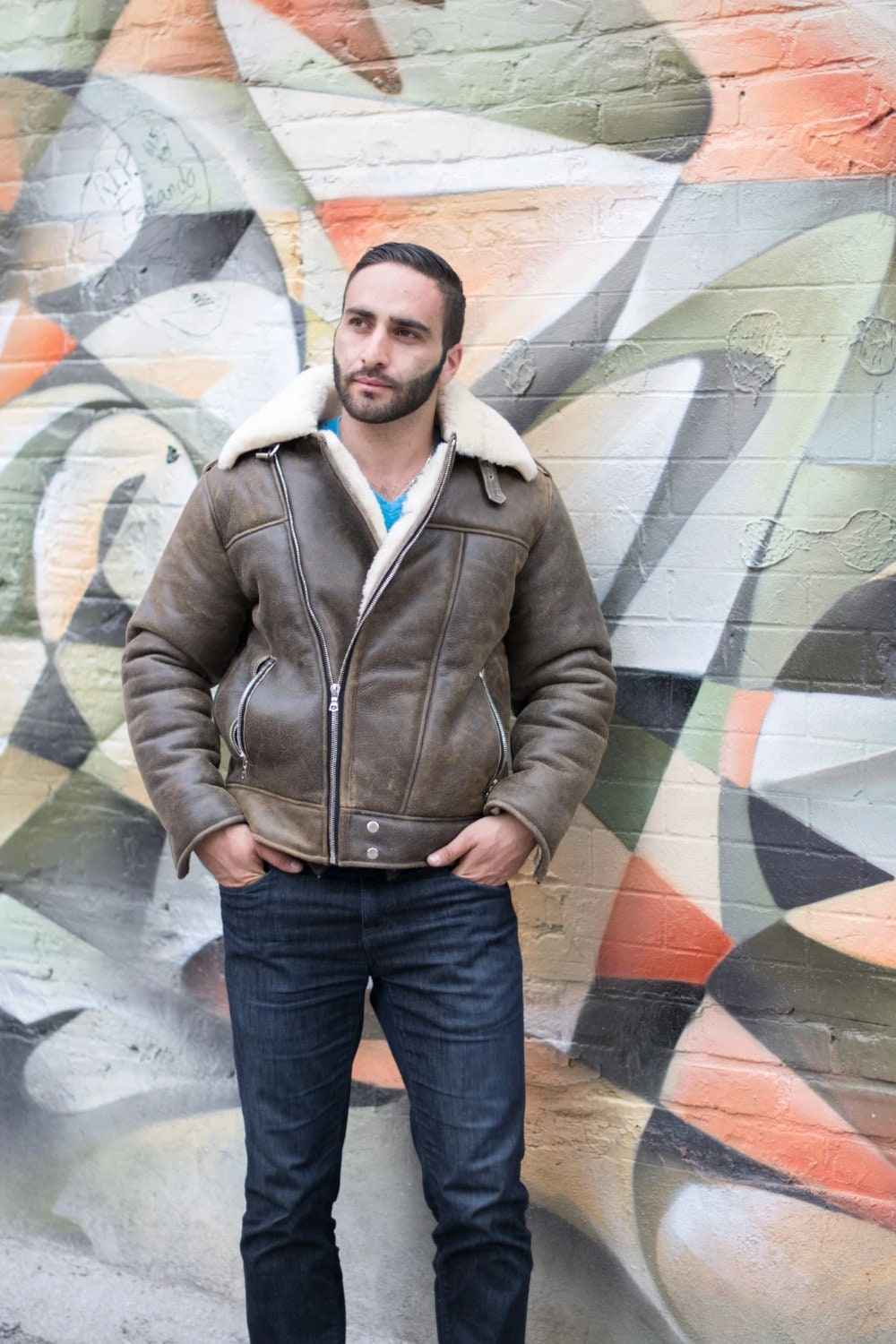 Handmade Carter Distressed Biker Bomber Shearling Jacket With Notch Lapels
