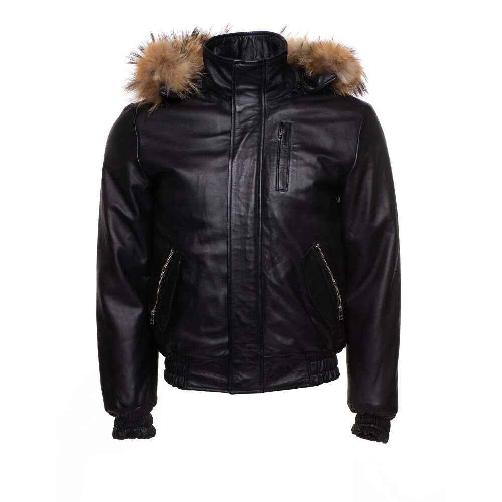 Handmade Castillos Bomber Winter Leather Jacket With Real Fox Fur Hoodie