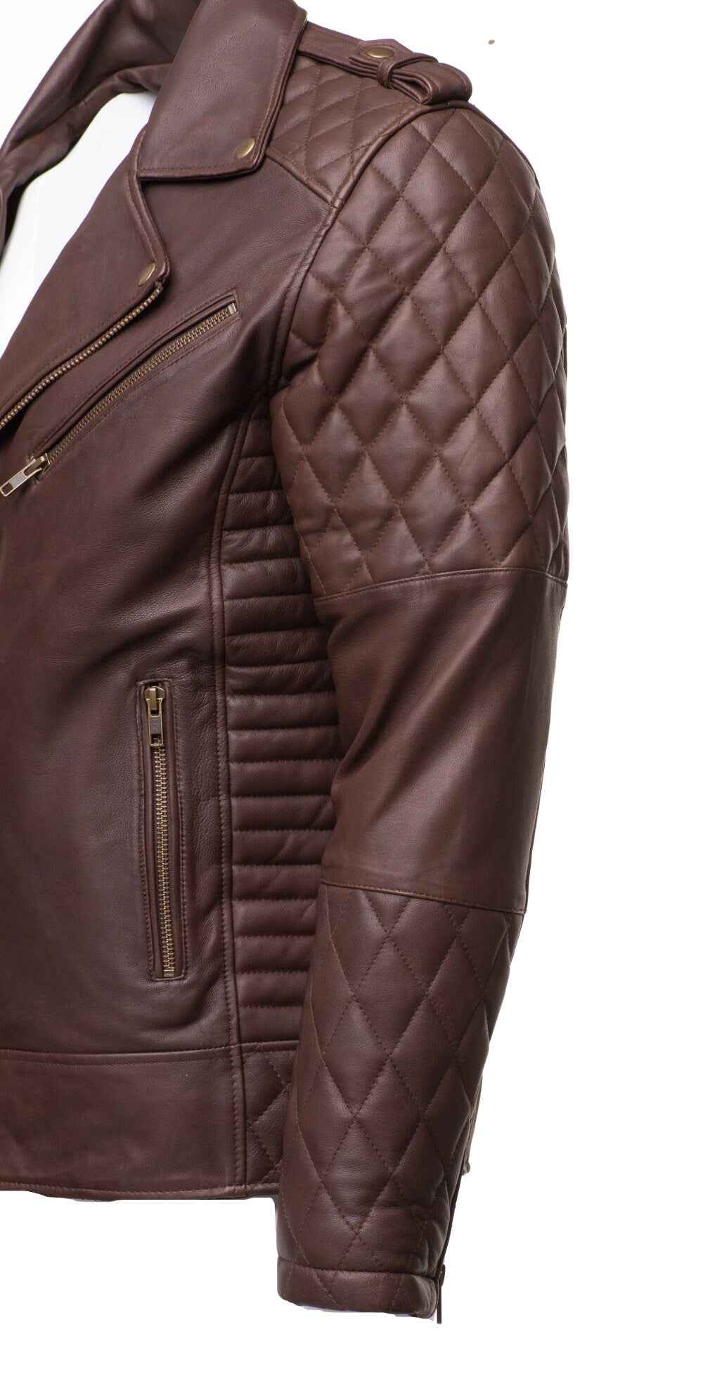 Handmade Brown Quilted Biker Leather Jacket With Diamond Stitching Details