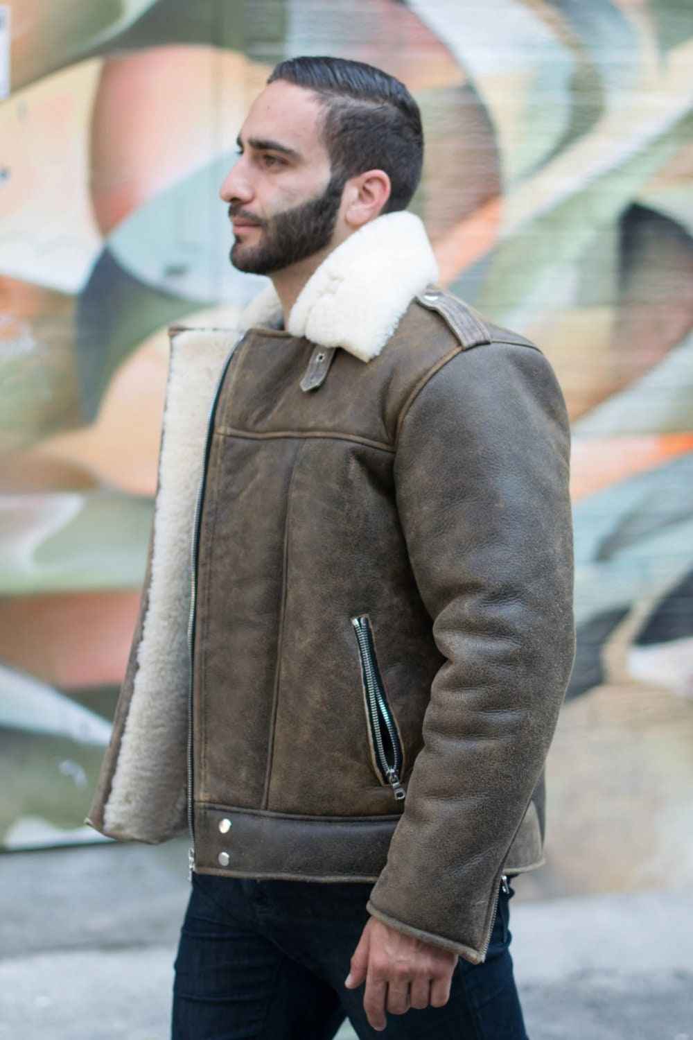 Handmade Carter Distressed Biker Bomber Shearling Jacket With Notch Lapels