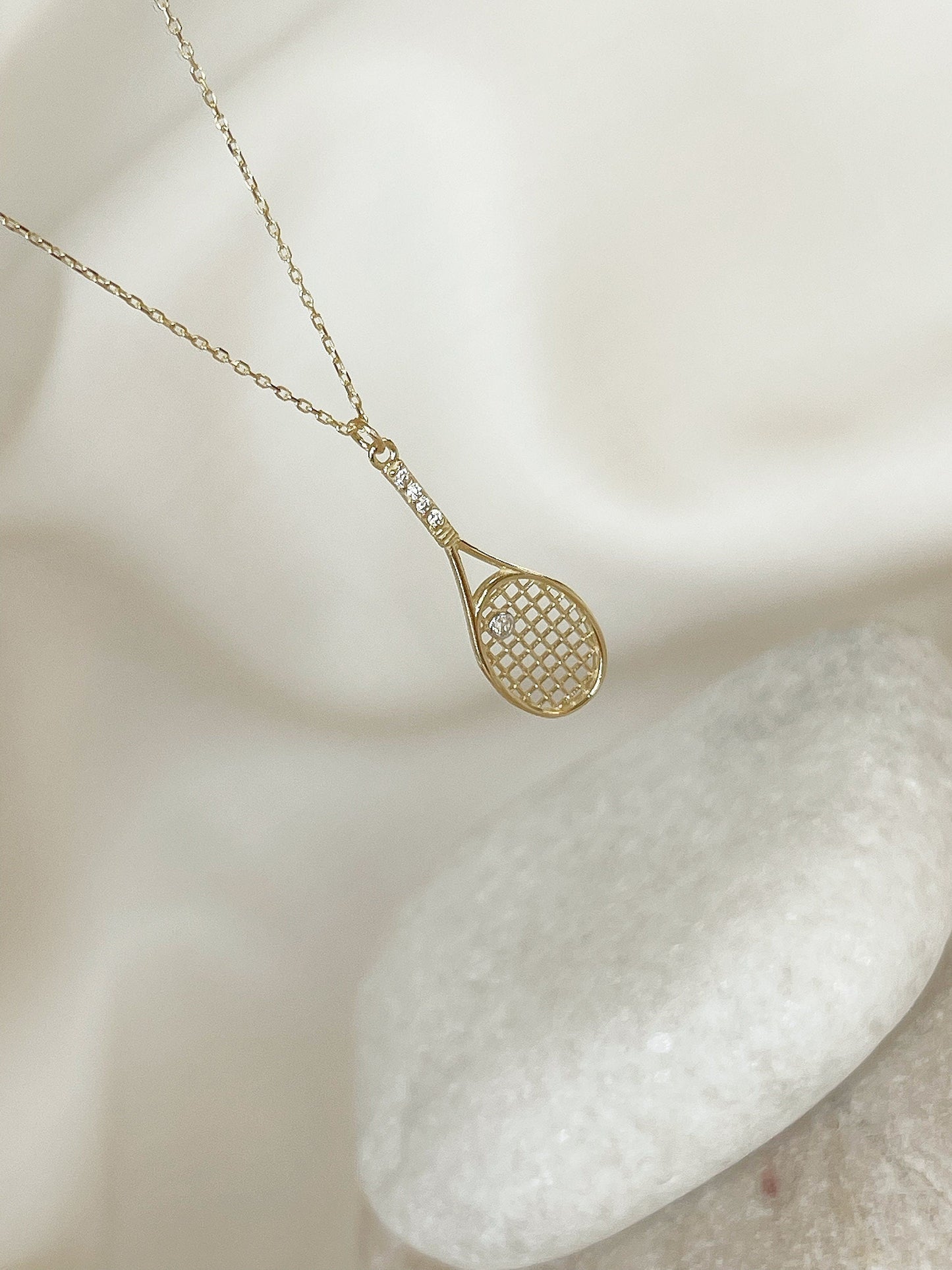 Tennis Racket Necklace, 14K Solid Gold Tennis Racquet Necklace - Solstik