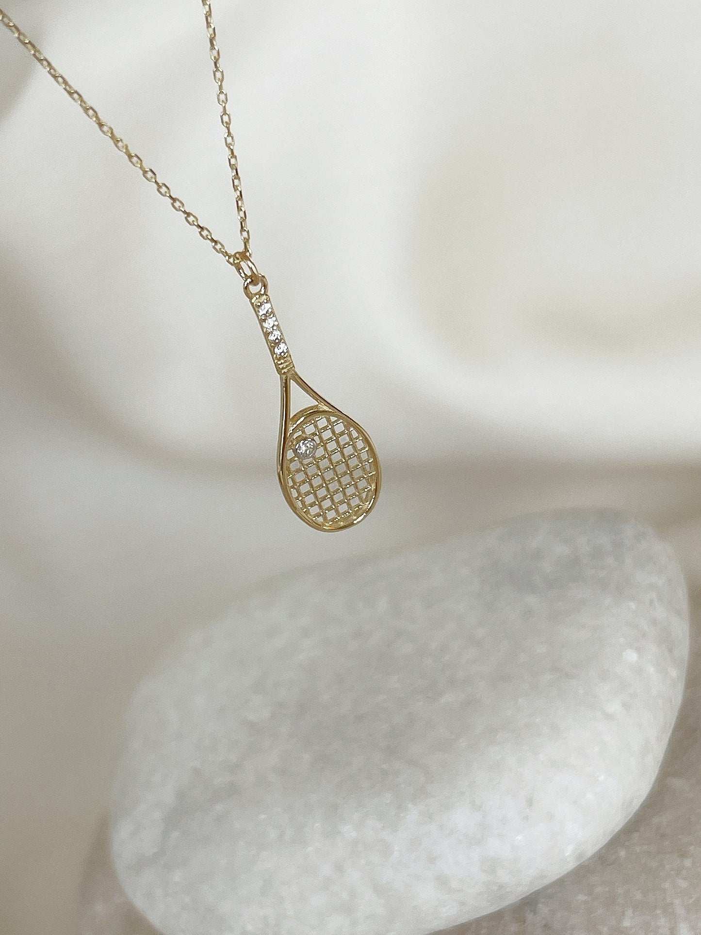 Tennis Racket Necklace, 14K Solid Gold Tennis Racquet Necklace - Solstik