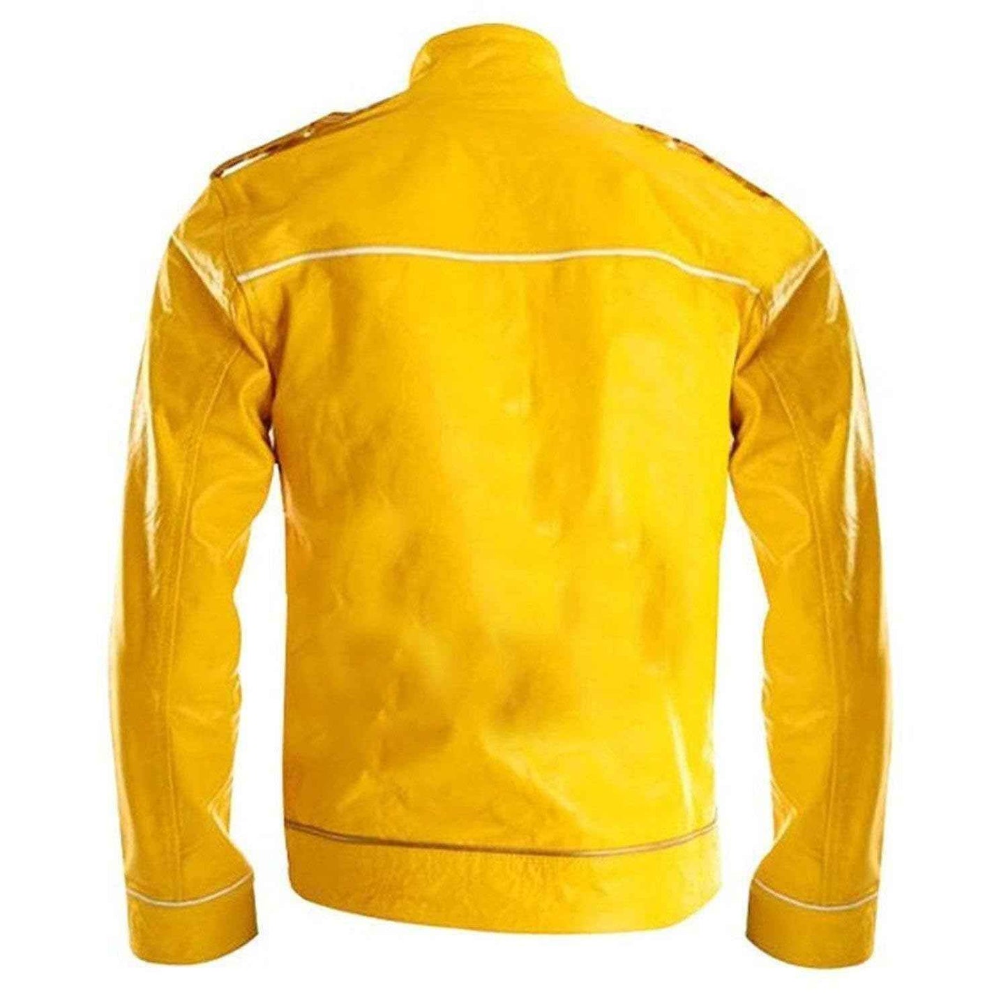 Handmade Freddie Mercury Wembley Stadium Yellow Cross belted Jacket | Queen Jacket | Freddie Jacket | Biker Jacket | Vegan Leather Jacket