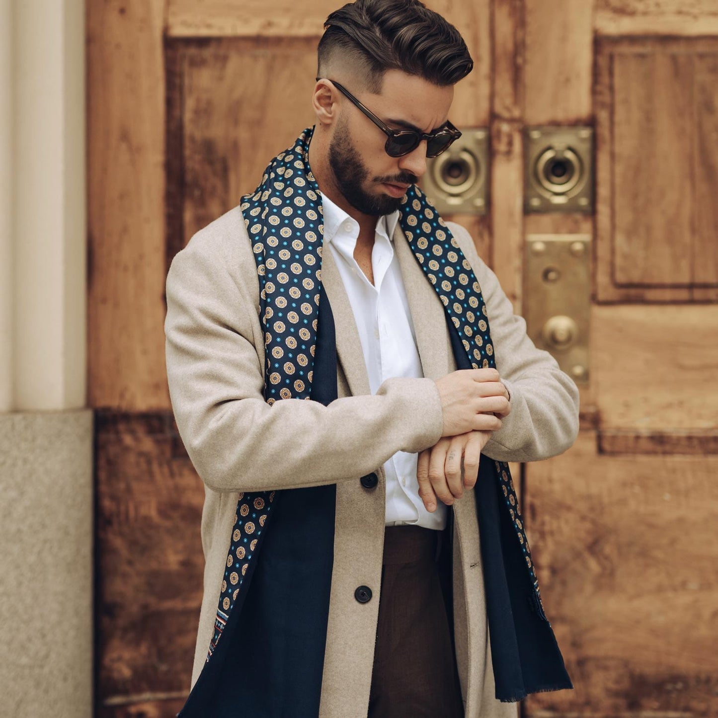 Palatino - Wool Backed Silk Scarf - Navy & Yellow - Solstik