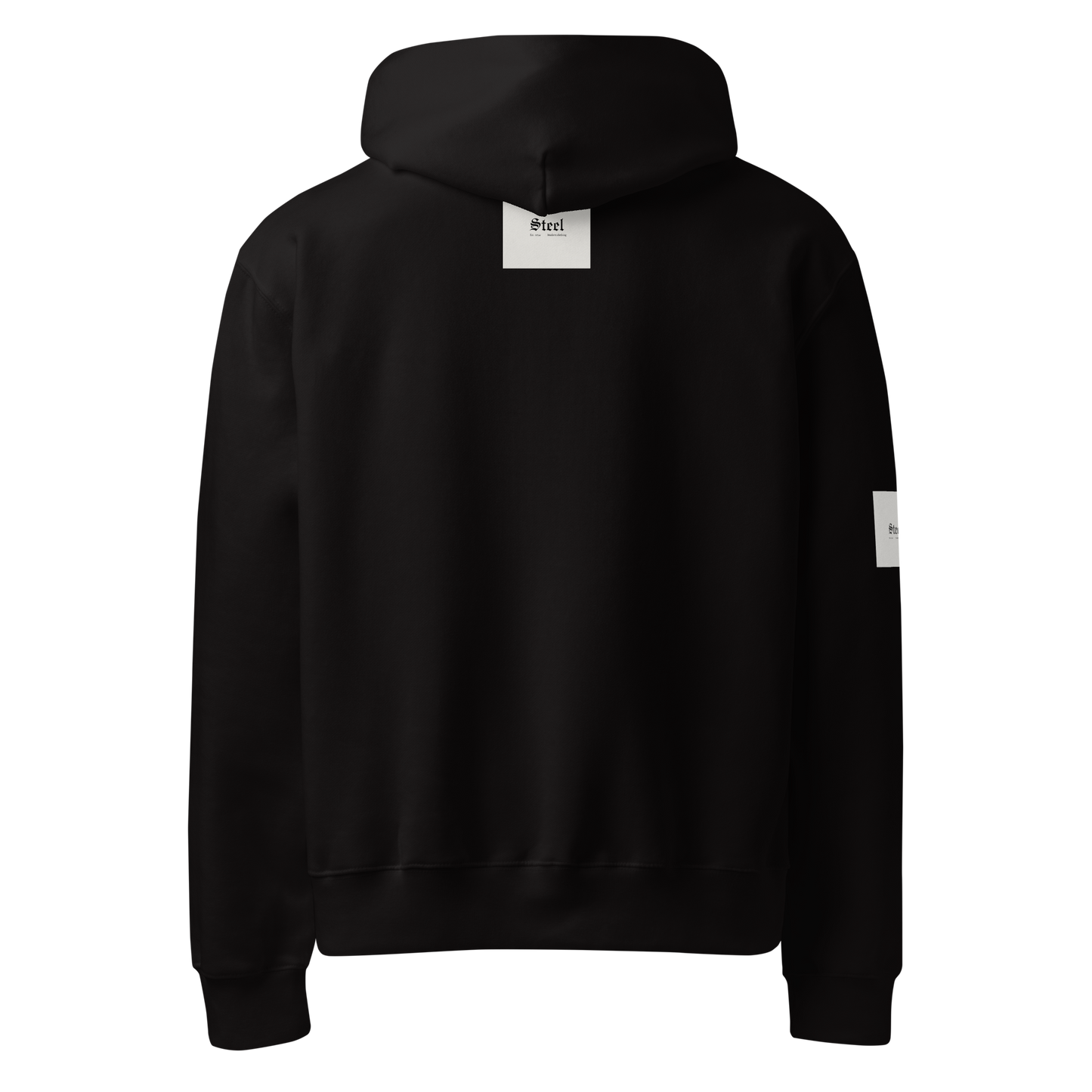 Solstik black back view premium heavyweight pullover hoodie with hood ribbed cuffs hem and white brand labels