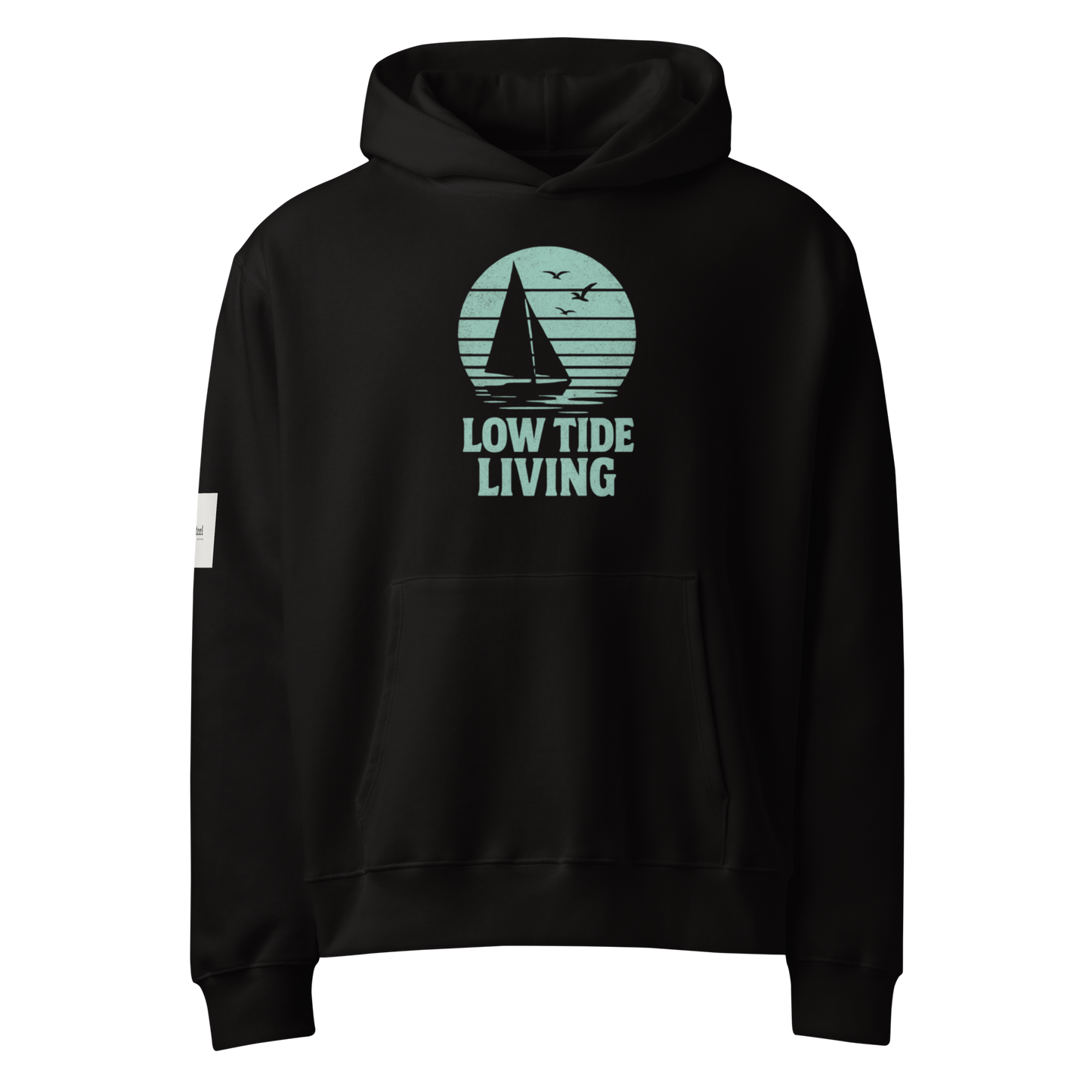 Solstik black premium heavyweight pullover hoodie with mint sailboat Low Tide Living graphic and kangaroo pocket
