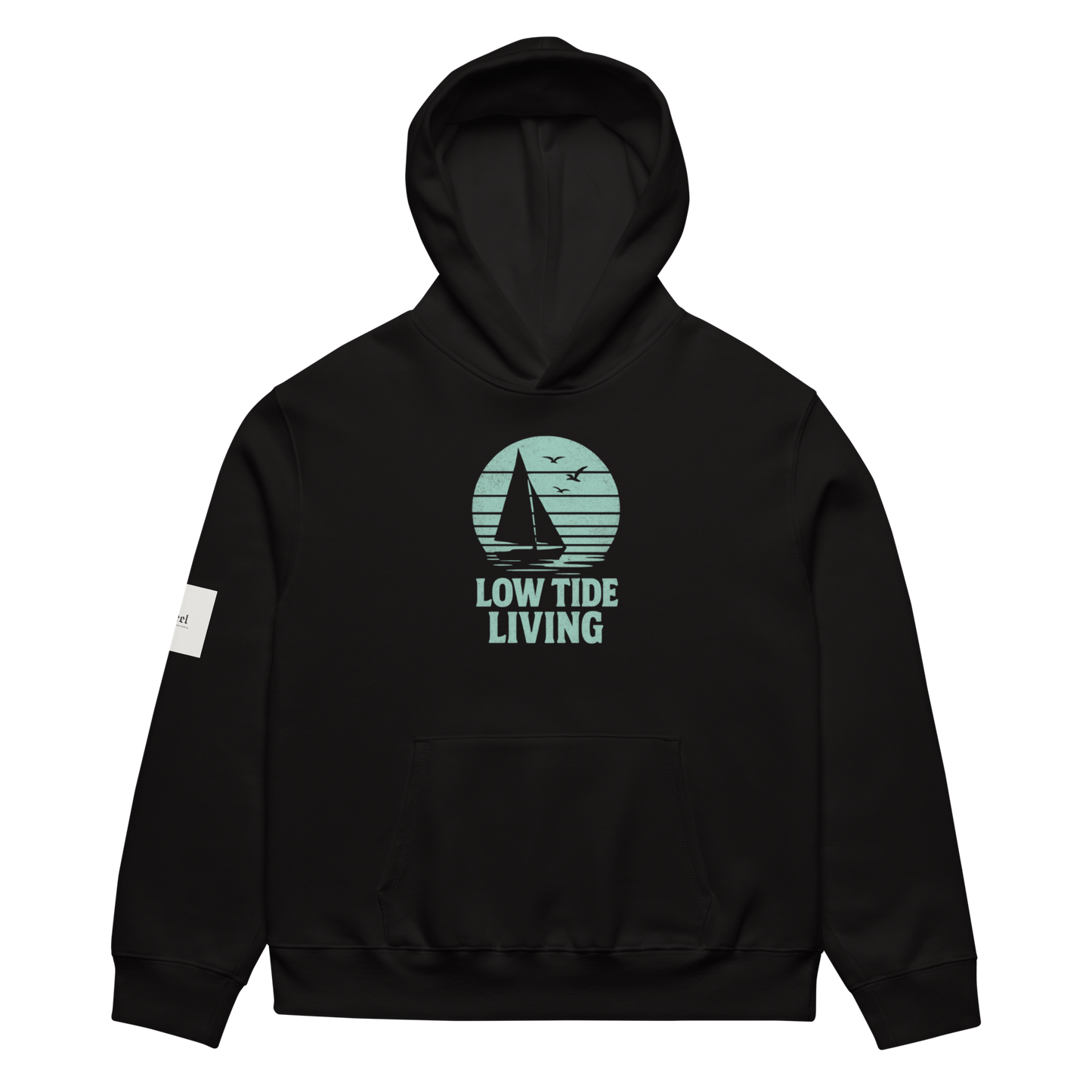 Solstik black premium heavyweight pullover hoodie with teal sailboat Low Tide Living graphic kangaroo pocket