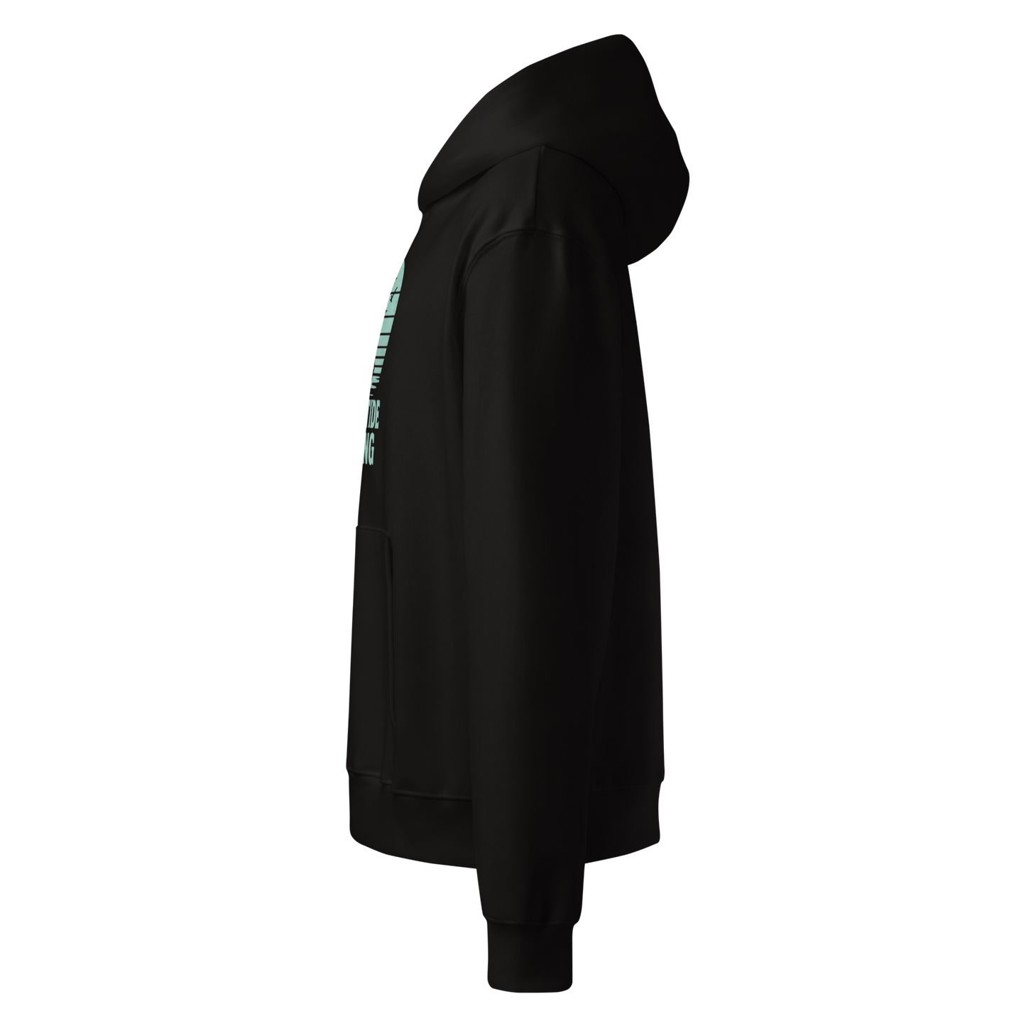 Solstik black side profile premium heavyweight pullover hoodie with hood kangaroo pocket and teal chest print