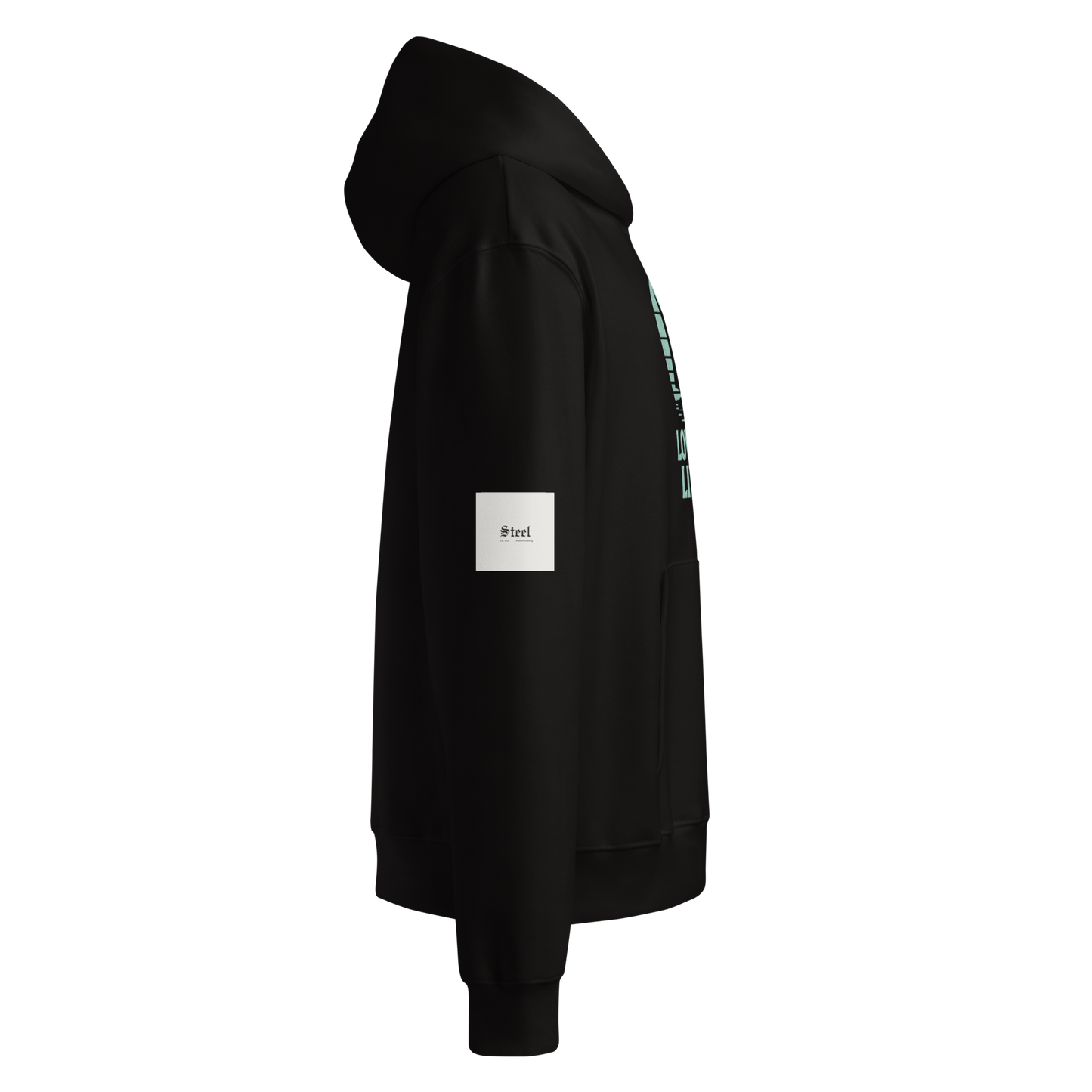 Solstik premium heavyweight pullover hoodie black side view with hood kangaroo pocket and sleeve tag
